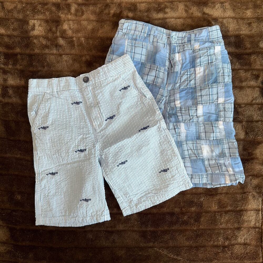 Boys Size 10 Summer Shorts 2 Pr. Blue Seersucker, Patchwork Madras Plaid